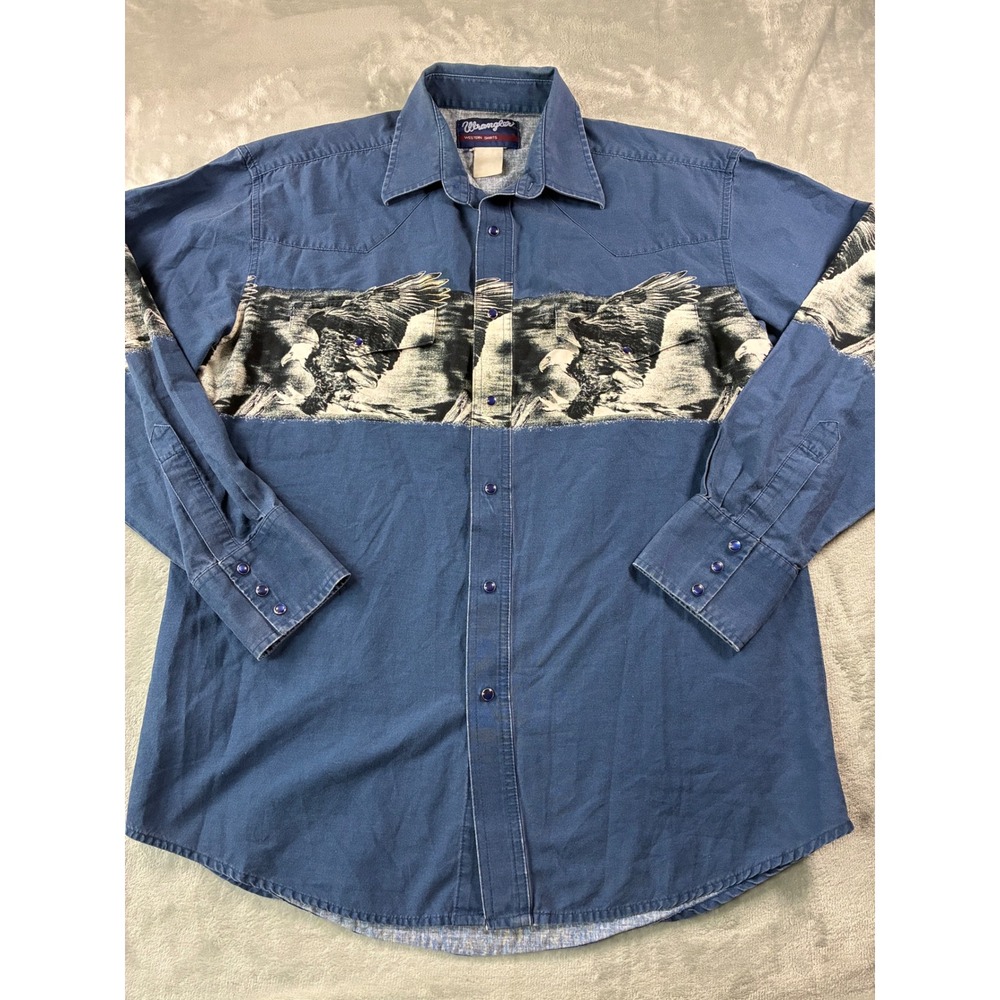 Wrangler Western Shirts Blue Eagle Graphic Pearl Snap Long Sleeve Shirt Mens XL